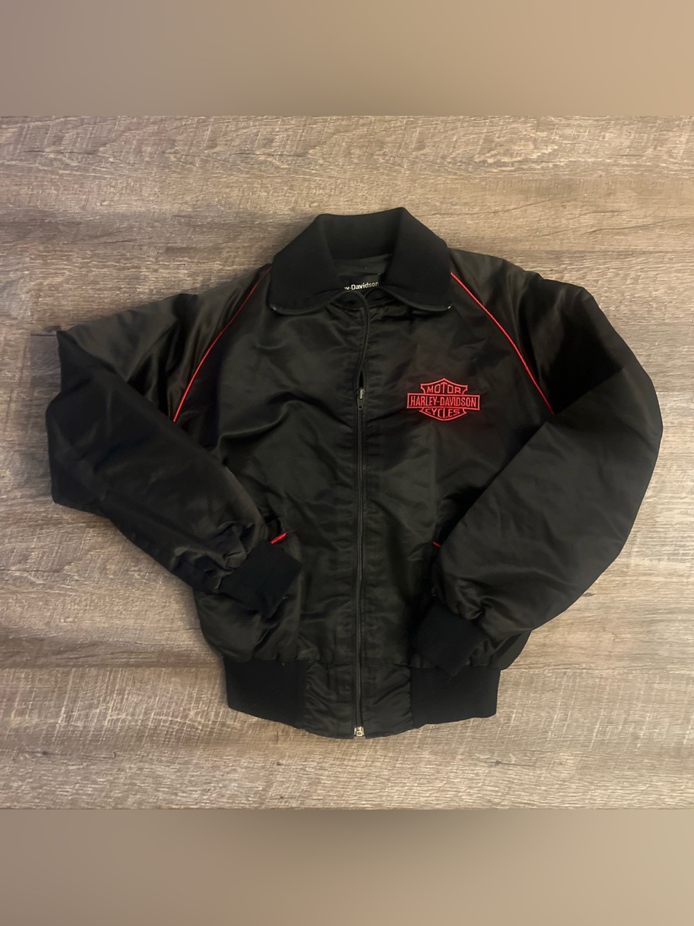Vtg Large Harley-Davidson Full Zip Riding Bomber Jacket Black Red 70s 80s Small